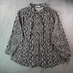 Roaman's Shirt Top Women 4X Plus Button Up Geometric Print Brown White
